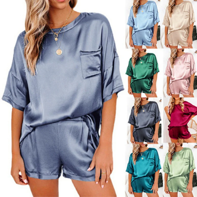 

2-Piece Women's Satin Pajama Set, Holiday Casual Sleepwear, Short Sleeve Top & Shorts with Pockets, Available in Christmas Santa