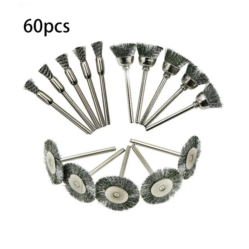 60-Piece Silver Wire Brush Set, Polishing Brush Metal Rust Removal Wheel With Handle, Polishing Supplies To Remove Burrs