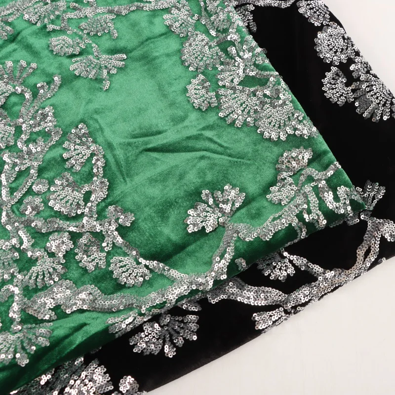 

Latest luxury velvet fabric with silver sequin floral embroidery, for women's clothing, evening dresses, designer fabrics