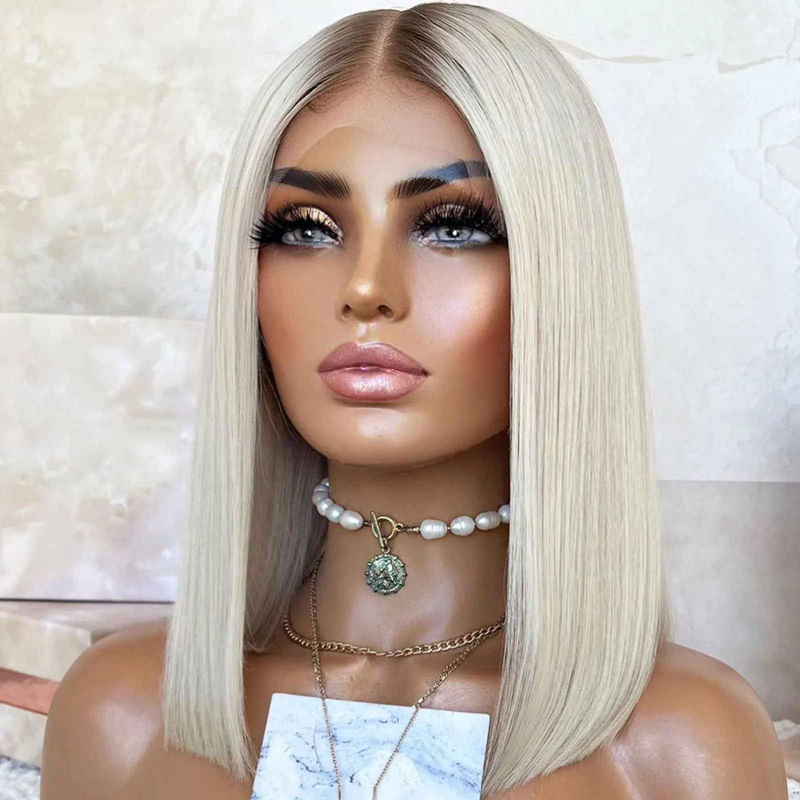 Ombre Ash Blonde Short Bob Wigs Dark Roots Colored Synthetic Lace Front Colored Straight Blonde Wig For Women Daily Use