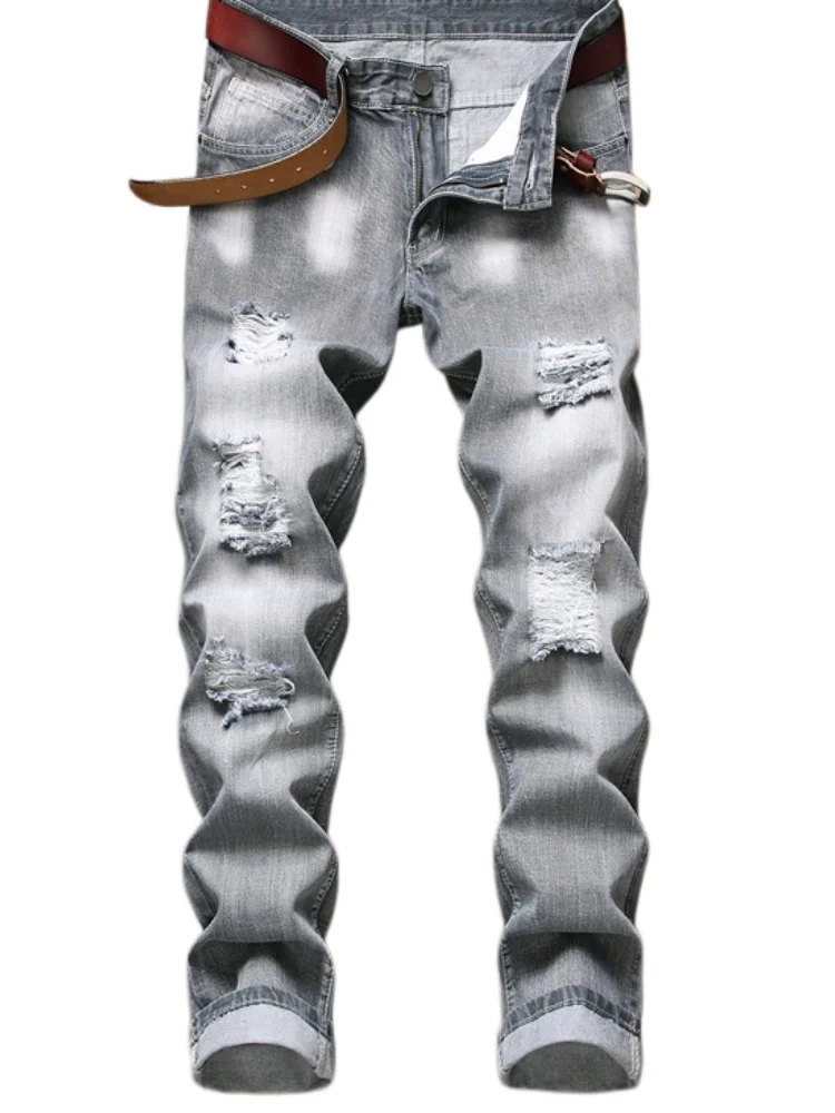 

Men's Casual Mid-Waist Grey Straight Leg Non-Stretch Denim Pants Torn Hole Slim Fit Long Trousers