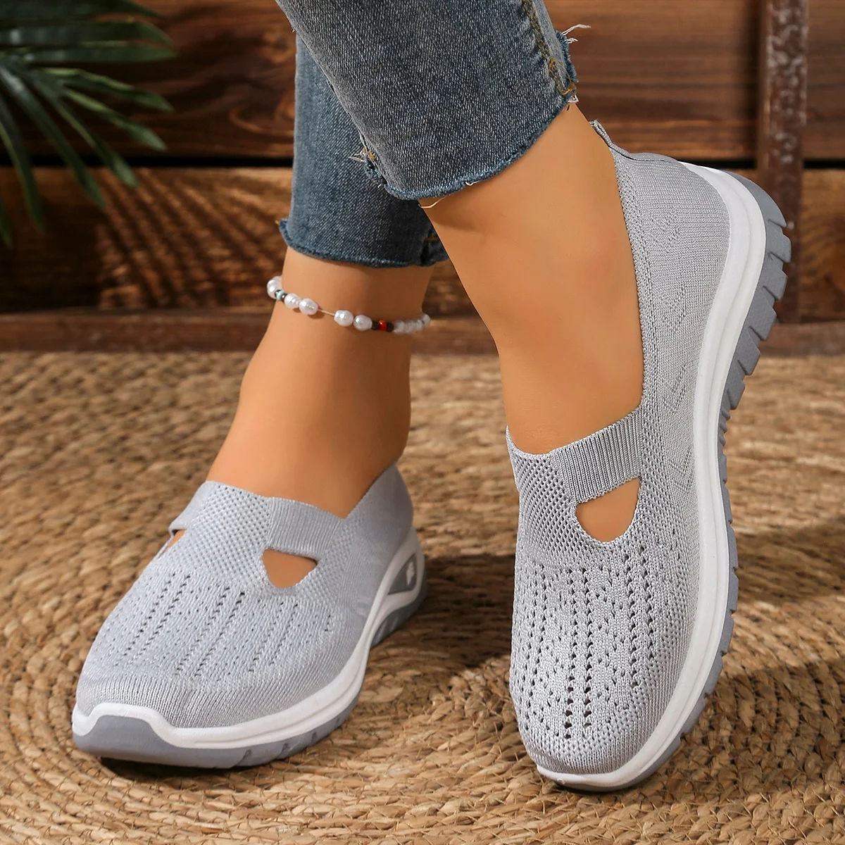 Summer Breathable Hollow Knit Women's Slip-On Shoes Non-Slip Lightweight Walking Sneakers Casual Mesh Loafers for Outdoor image 6