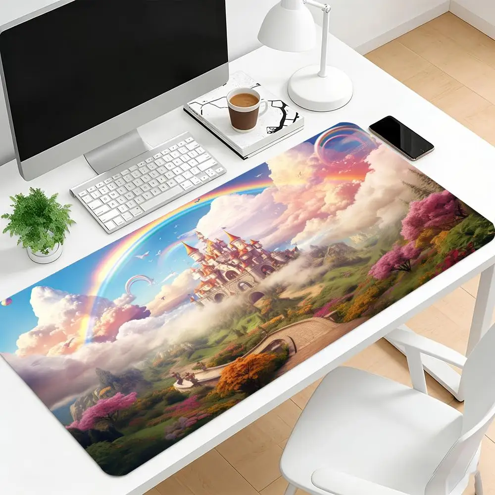 Magical Fairy Tale Castle Print Gaming Mouse Pad Large Desk Mat Anti-Slip Rubber Base Stitched Edge Keyboard Mat For Workstation