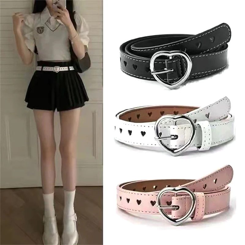 Women PU Leather Belt Hollow Out Loving Heart Ladies Waist Belt Trousers Pin Buckle Leather Female Vintage Waistband