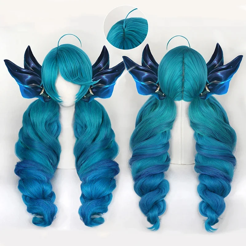 

Gwen Game LOL Cosplay Blue Green Mixed Long Curly Wigs Heat Resistant Synthetic Hair Hallowen Party+ Free Wig Cap gf;.9