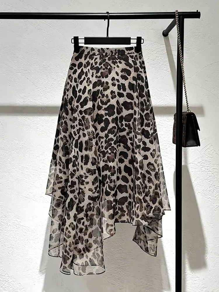 

Y2K Leopard Chiffon Skirts Women Sexy Streetwear Vintage High Waist Long Skirt Summer Harajuku American Casual Irregular Skirt