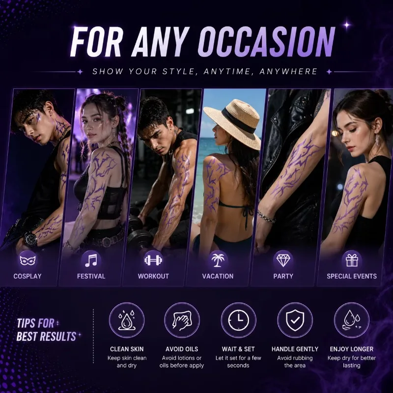Temporary Tattoo Stickers, Purple Ombre Demon Movie Hunters Patterns, Realistic Waterproof DIY Body Art For Cosplay