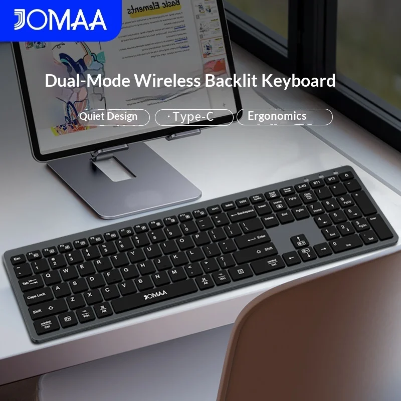 

JOMAA Dual Mode Wireless Bluetooth Backlit Keyboard Rechargeable Silent Ergonomic Type C For Office Pc Laptop Tablet