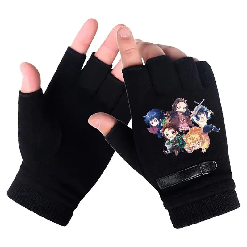 Anime Demon Slayer Student Half Finger Gloves New Winter Men Woman Fingerless Warm Knitted Gloves Outdoor Bicycle Gloves - view 3