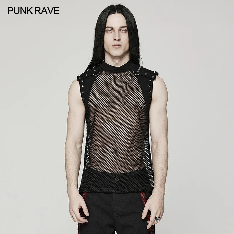 

PUNK RAVE Men's Punk Stretch Mesh Splicing Denim Translucent Vest Handsome Summer Tank Tees Casual Cool Tops