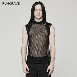 PUNK RAVE Men's Punk Stretch Mesh Splicing Denim Translucent Vest Handsome Summer Tank Tees Casual Cool Tops