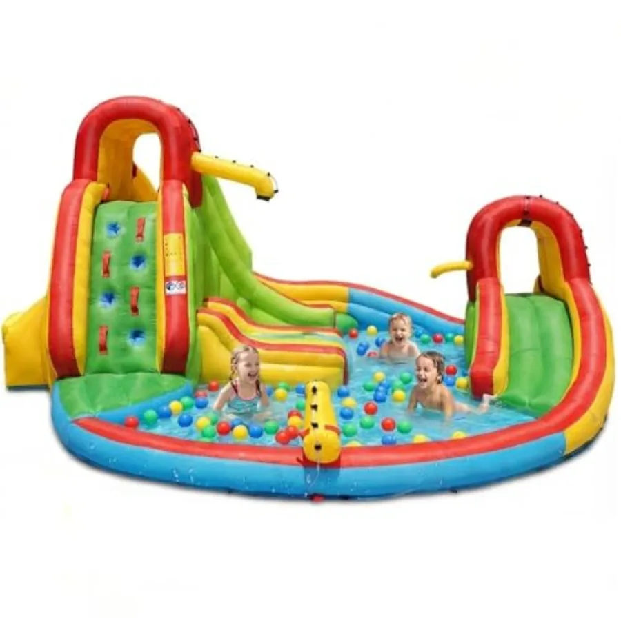Iatable Water Slide Park, 16x14FT Mega Water Bounce House for Outdoor w/Dual SlidesandClimbing for Racing Fun, Large Splash Poo