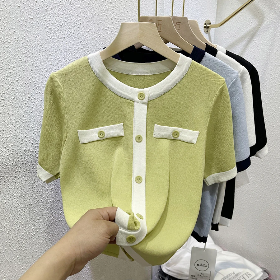 Cseta de Manga Corta de Seda Helada para Mujer, Estilo Nuevo de Verano, Cseta de Punto con ra Fragancia, Cuello Red...