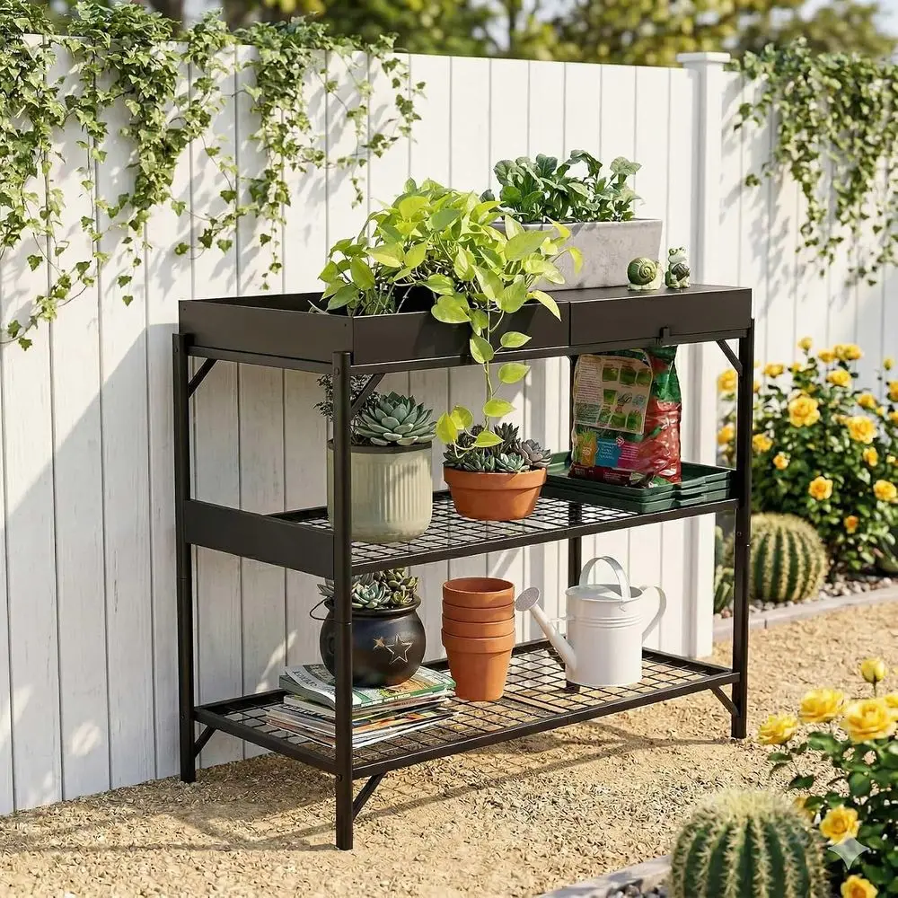 Potting Table, Metal Gardening Table Work Bench with Wheels and Two Removable Trays, Potting Workstation or Outdoor Plants, Matt
