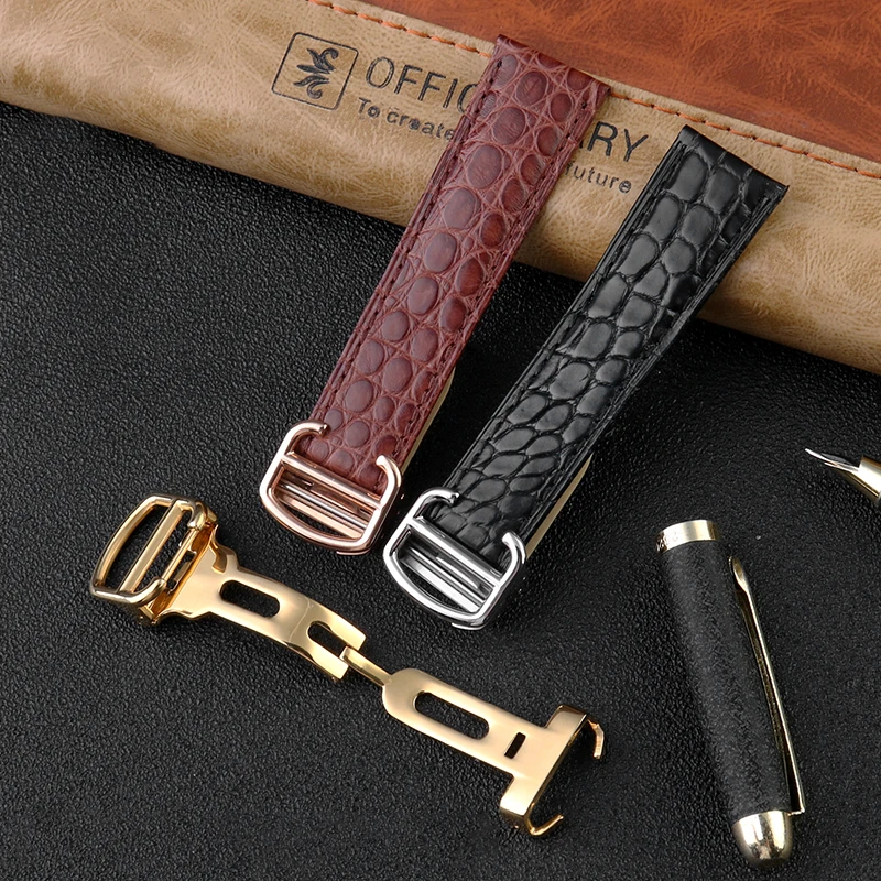 Alligator Leather Watch Band For Cartier TANk SOLO RONDE DE Crocodile Skin Watch strap Folding Buckle belt  Accessories Bracelet