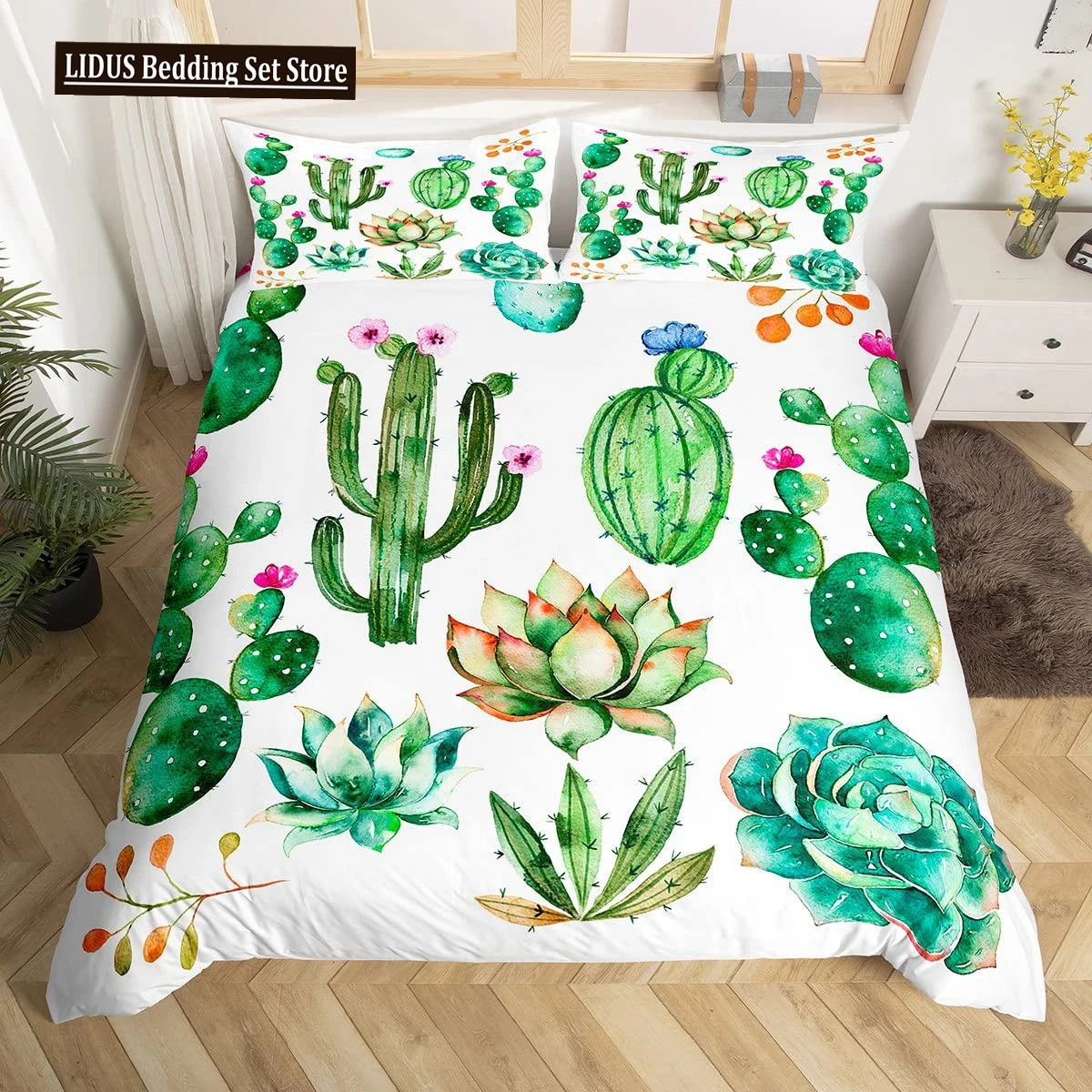 

Bright Cactus Duvet Cover Set Full Queen For Girls Boys Green Plants Succulents Bedding Set Nature Art Soft Chic Comforter Cover