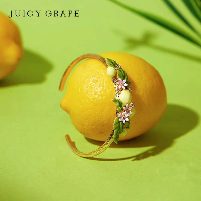 

Juicy Grape Lemon Bangle Handmade Enamel Bangle Opening Adjustable Lemon Flower Bangle 18K Gold Plated Birthday Gift