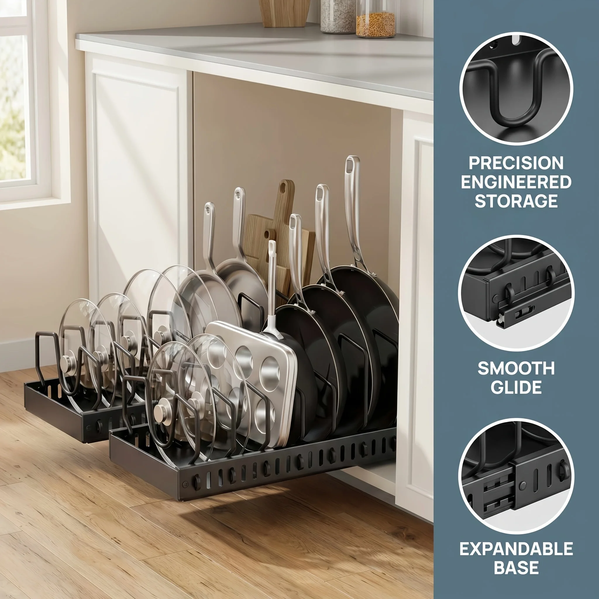 Pull Out Cabinet Storage Organizer Sliding Pot Lid Pan Rack With Adjustable Dividers For Lids Bakeware Plates Kitchen Cabinet Accessories