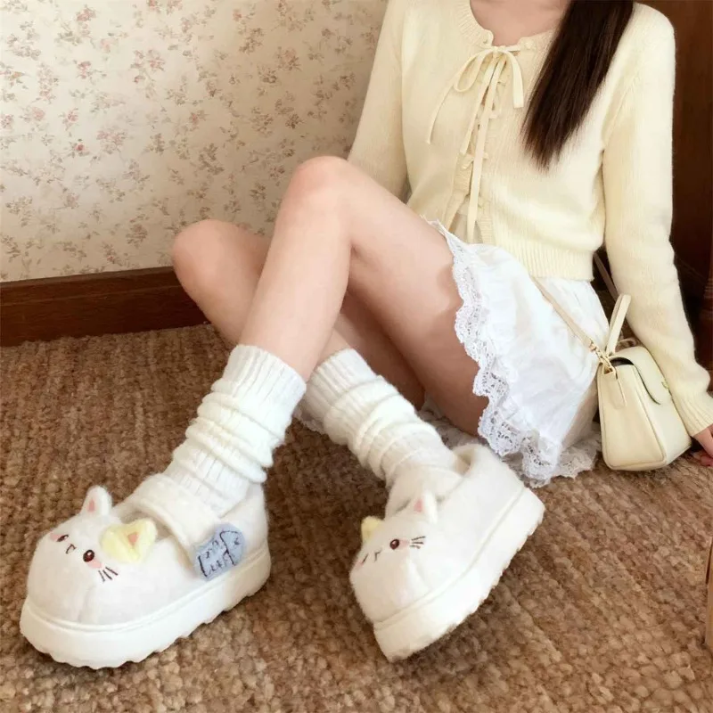 오리지널 일본 카와이 로리타 코튼 신발 가을 겨울 소녀 슬리퍼 귀여운 만화 고양이 실내 매직 테이프 두꺼운 밑창 신발