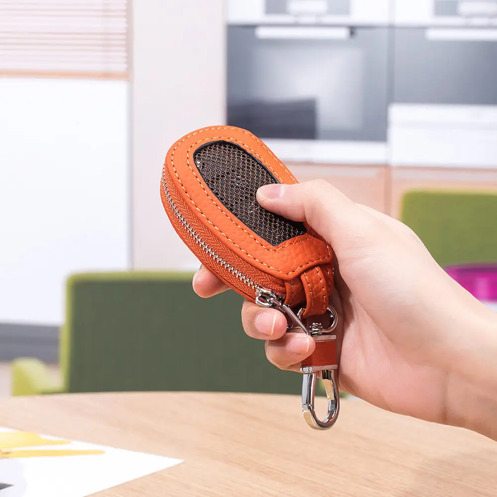 Genuine Leather Car Key Pouch Mens Sunroof Button Universal Key Holder Womens Remote Control Keys Storage Zipper Bag