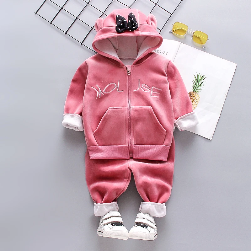 Girls Fleece Bear Ear Bow Hoodie Jacket + Velvet Pants 2Pcs Set Kids Warm Winter Outfit Clothing