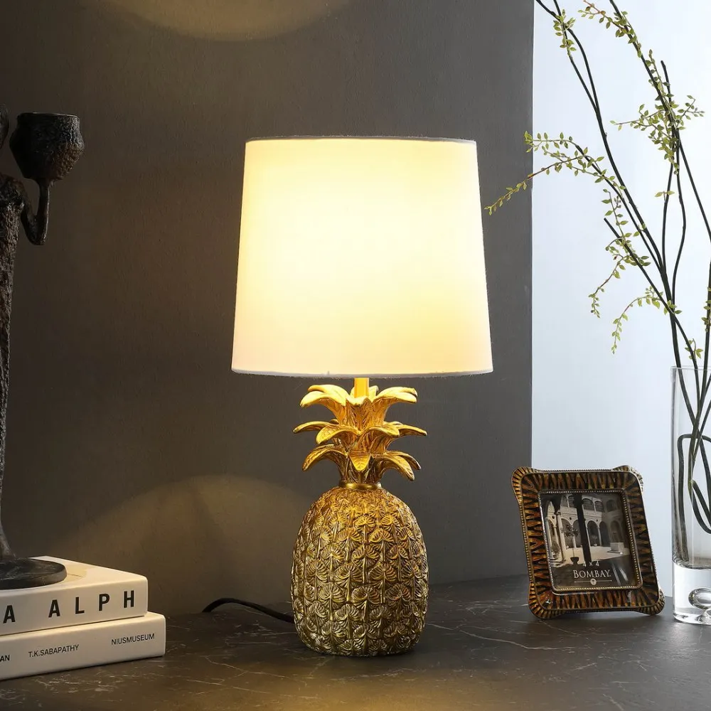 17" In Golden Brass Tropical Heahea Pineapple Table Lamp,Brass gold resin/white cotton/linen,half drum lampshade