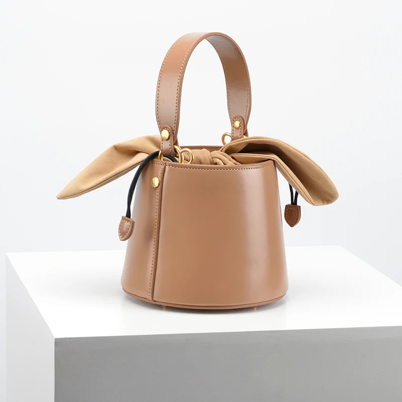 Rabbit Ears Versatile Bucket Bag Genuine Leather Cowhide High Quality Women Handbag Shoulder Messenger Bag Lady Purse Casual Bag