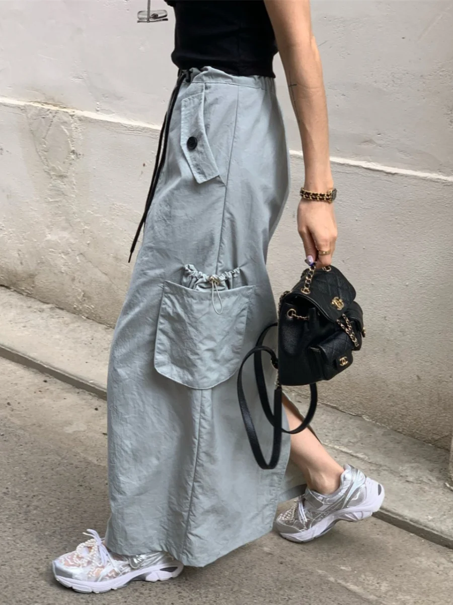 กระโปรงมิดิผู้หญิงทรงหลวมเก๋ไก๋พร้อมเอว Dstring Ba Split กระโปรงยาวผ้าฝ้ายตรงลำลองสำหรับการเดินทาง