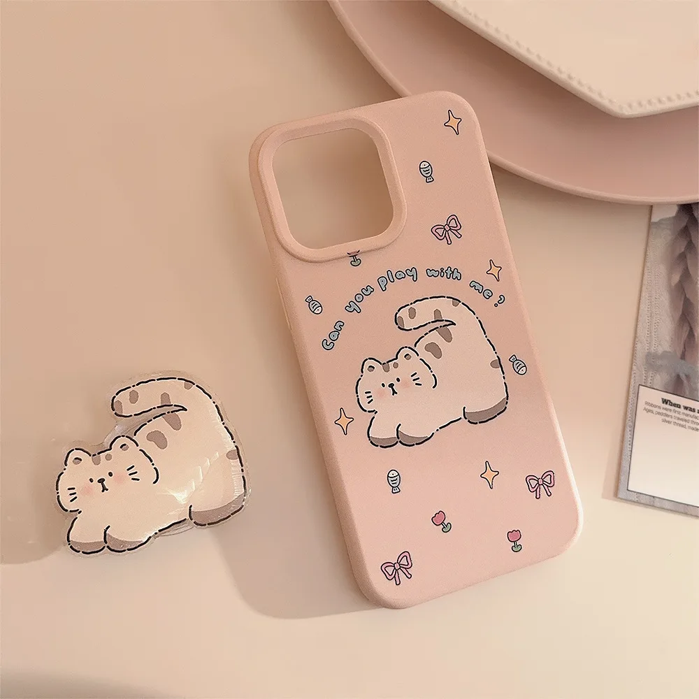 

Korean Pink Cartoon Fat Cat Stand Holder Phone Case For iPhone 17 16 15 14 13 12 Pro Max Plus Shockproof Protective Soft Cover