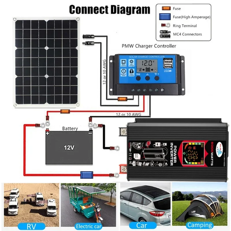 6000W Car Inverter DC 12V To AC 220/110V USB Modified Sine Wave Converter with Smart LCD Display (with/without Solar Panel Kit)