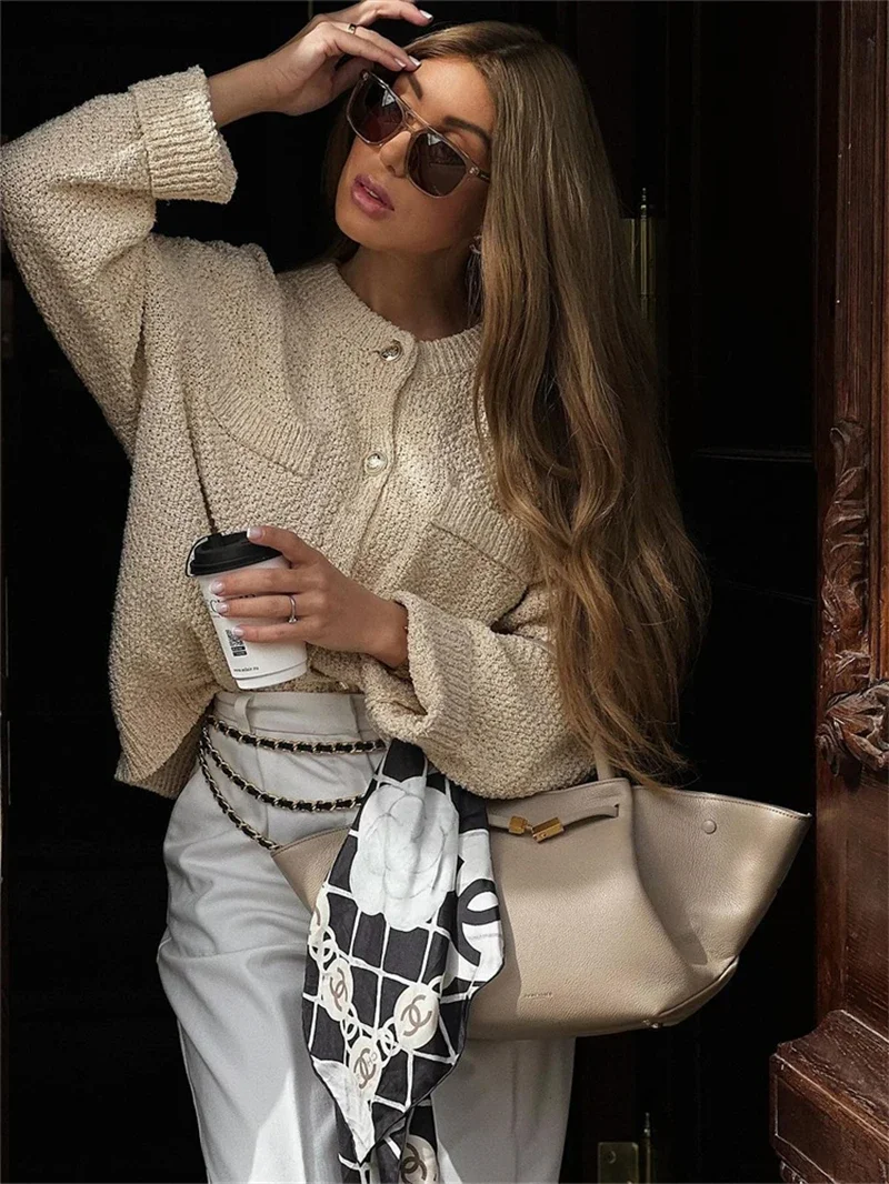 

Streetwear Knitted Cardigan Sweater Autumn Clothing Women Long Sleeve O-Neck Buttons Sweater Elegant Knitting Coat Top Outerwear