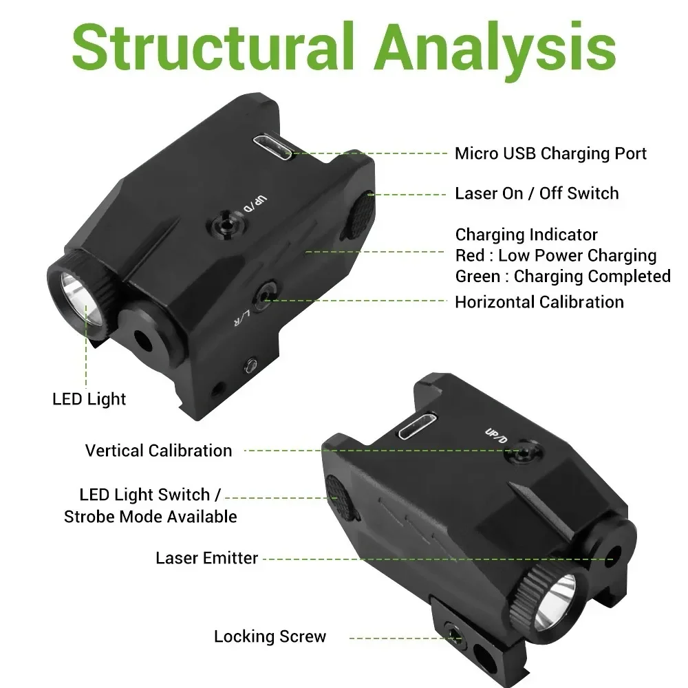 Pistol Rifle Tactical LED Flashlight Combo 500 Lumens with Red/Green Laser Sight Weapon Gun Light USB Charging Glock