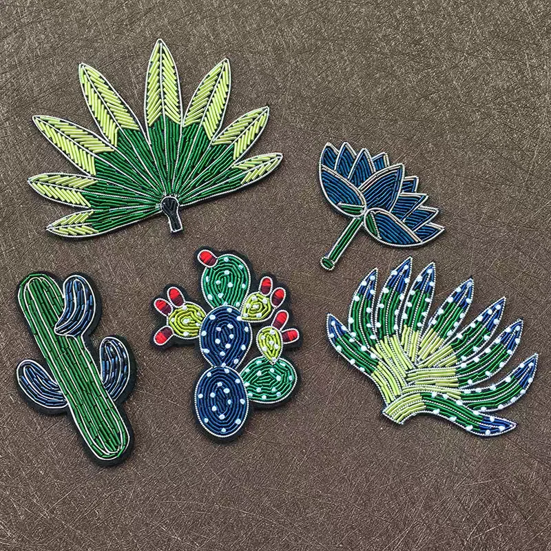 Brooch India Silk Metallic Wire Thread Hand Stitch Cactus Patch Cannetille Badge Applique Coat Bag Hat Decor Jewelry Gift Motif