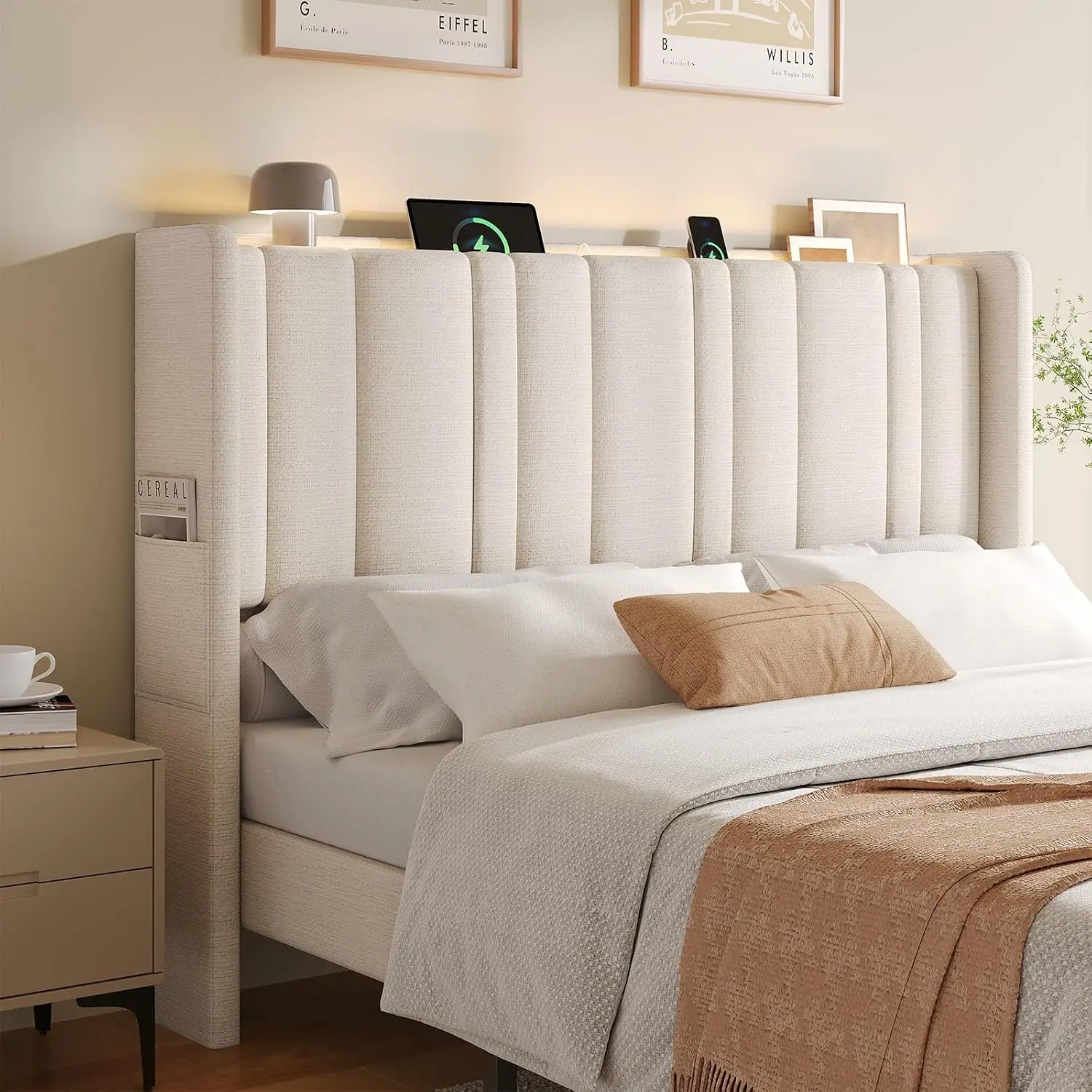 Queen Size Headboard with Storage, LED Light, Off White