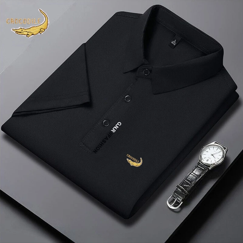 Summer New Silk Short Sleeved Polo Shirt, Men\'s High-end Luxury Fashion, Casual, Smooth, Comfortable Breathable T-shirt Top