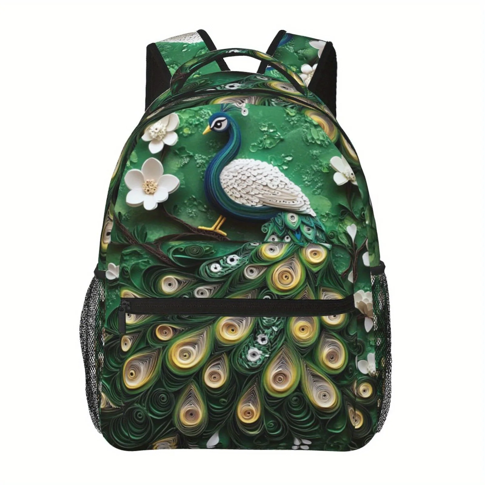 Full-Color Green Peacock Print Backpack Lightweight Multi-Functional Casual Sports Bag with Shoulder Straps Back
