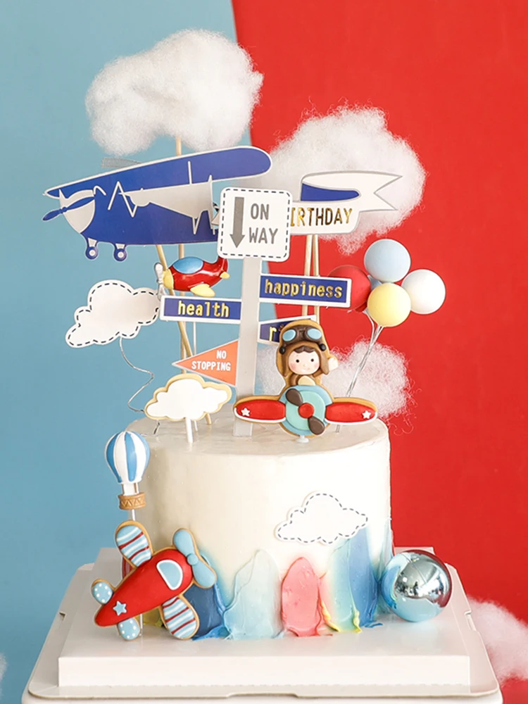 Pilot Themed Cake Toppers Cartoon Flying Airplane Boy First Birthday Party Cloud Balloon Baby Shower Happy Birthday Decoration