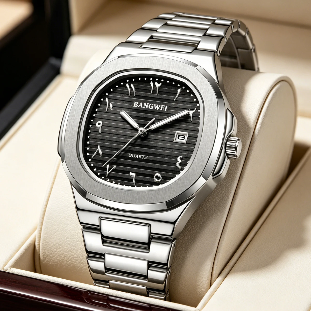 LIGE Fashion Luxury Business Square Quartz Watches Classic Stripe Design Dial with Stainless Steel Band Wristwatch for Men Relog