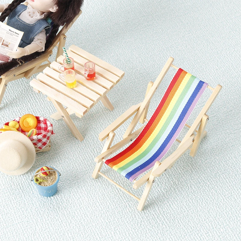 1:12 Dollhouse Rainbow Lounge Chair Foldable Beach Chair Model Dollhouse Mini Furniture Decor Toy Micro Scene Construction Prop