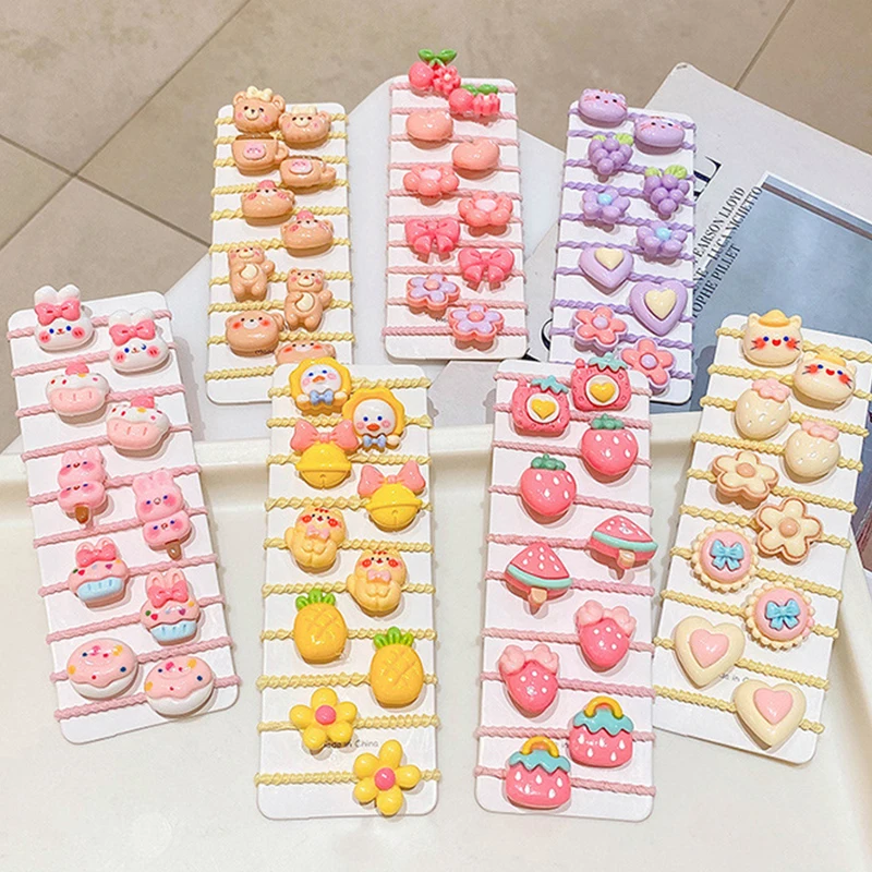 Tali rambut anak perempuan bayi bunga Korea, 10 Pcs/Set pita hati ceri kartun karet gelang rambut tali aksesoris rambut anak