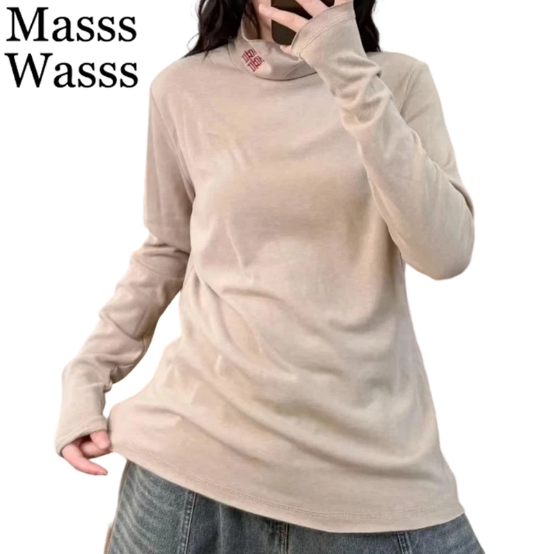 

Mass Wasss 2025, корейская зимняя одежда, женская мода, свободные повседневные футболки с высоким воротником, женские классические теплые однотонные топы с вышивкой