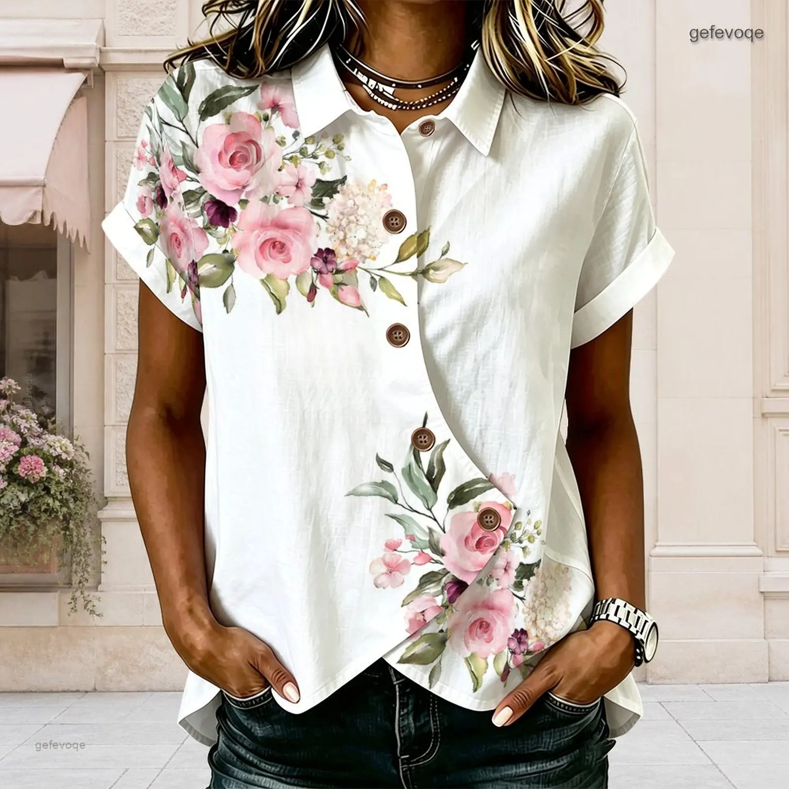 Women Black Bright Pink Vertical Brush Stroke Printed Collared Short Sleeve Button Front Shirt