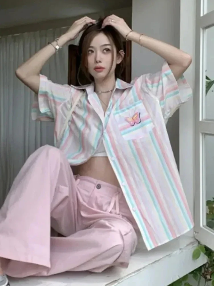 

Винтажные цвета, полосатая милая рубашка, женская свободная летняя милая блузка с коротким рукавом, японская консервативная женская рубашка Kawaii Y2k, новая Camisa