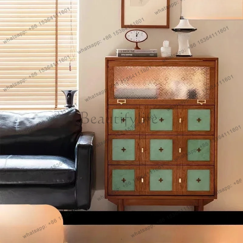 

French retro style cherry wood solid wood bucket cabinet living room dining side cabinet sofa TV cabinet next to gilt