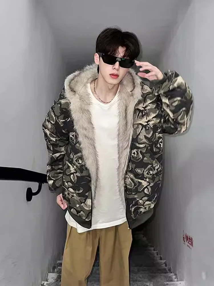 

Мужская зимняя куртка в американском ретро-стиле из хлопка с флисовой подкладкой, камуфляжным принтом, капюшоном и меховым воротником, молодежная повседневная модная модель