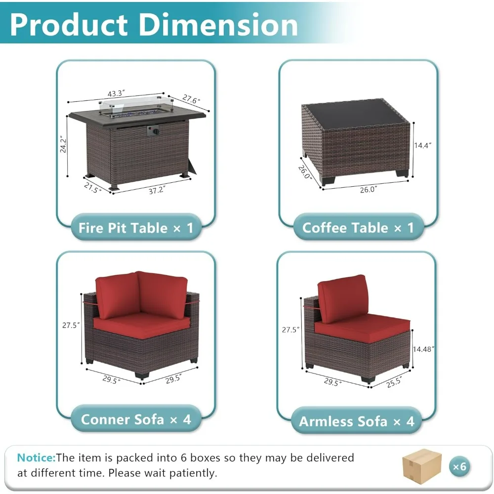 Conjunto de móveis de pátio de 10 peças com foyer de propano de 55.000 BTU Conjunto de sofá de vime para todos os climas Conjuntos de conversa de sofá