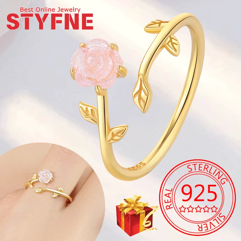 

Real 925 Sterling Silver Colorful Roses CZ Finger Adjustable Gold Ring For Women Wedding Jewelry Gifts with GIFT BOX