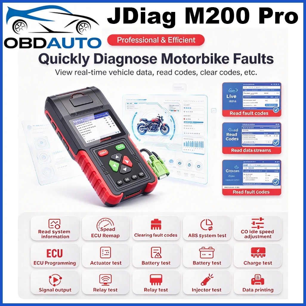 JDiag M200 Pro Diagnostic Scanner with Honda ECU Remap Universal Motorcycle Scanner Battery Tester ABS System Test Fault Codes