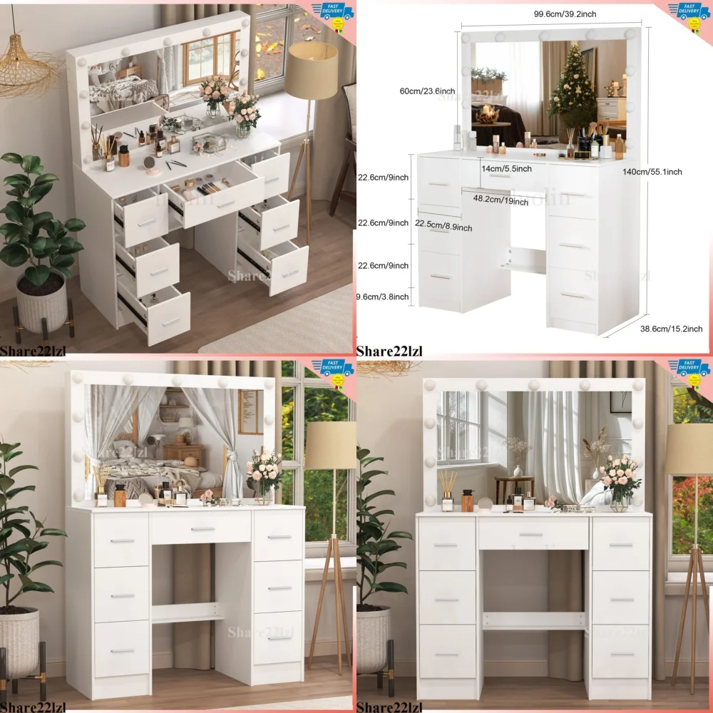 

Makeup VanitiesLarge Mirror Vanity Desk with LED Light and 7 Drawers Makeup Dressing Table