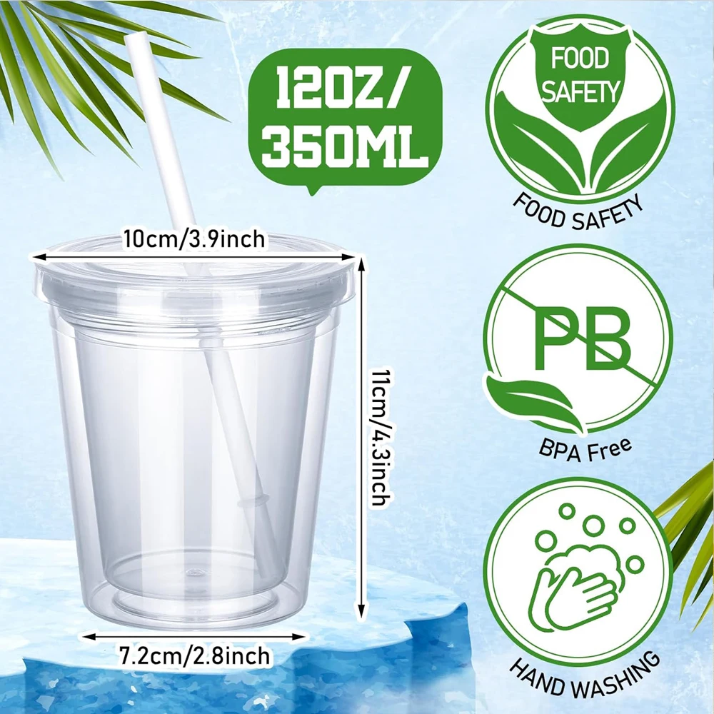 Clear Tumblers with Lid and Straw for Kids 12 oz Insulated Acrylic Double Wall Tumbler Toddlers Reusable Plastic Clear Cup Kids